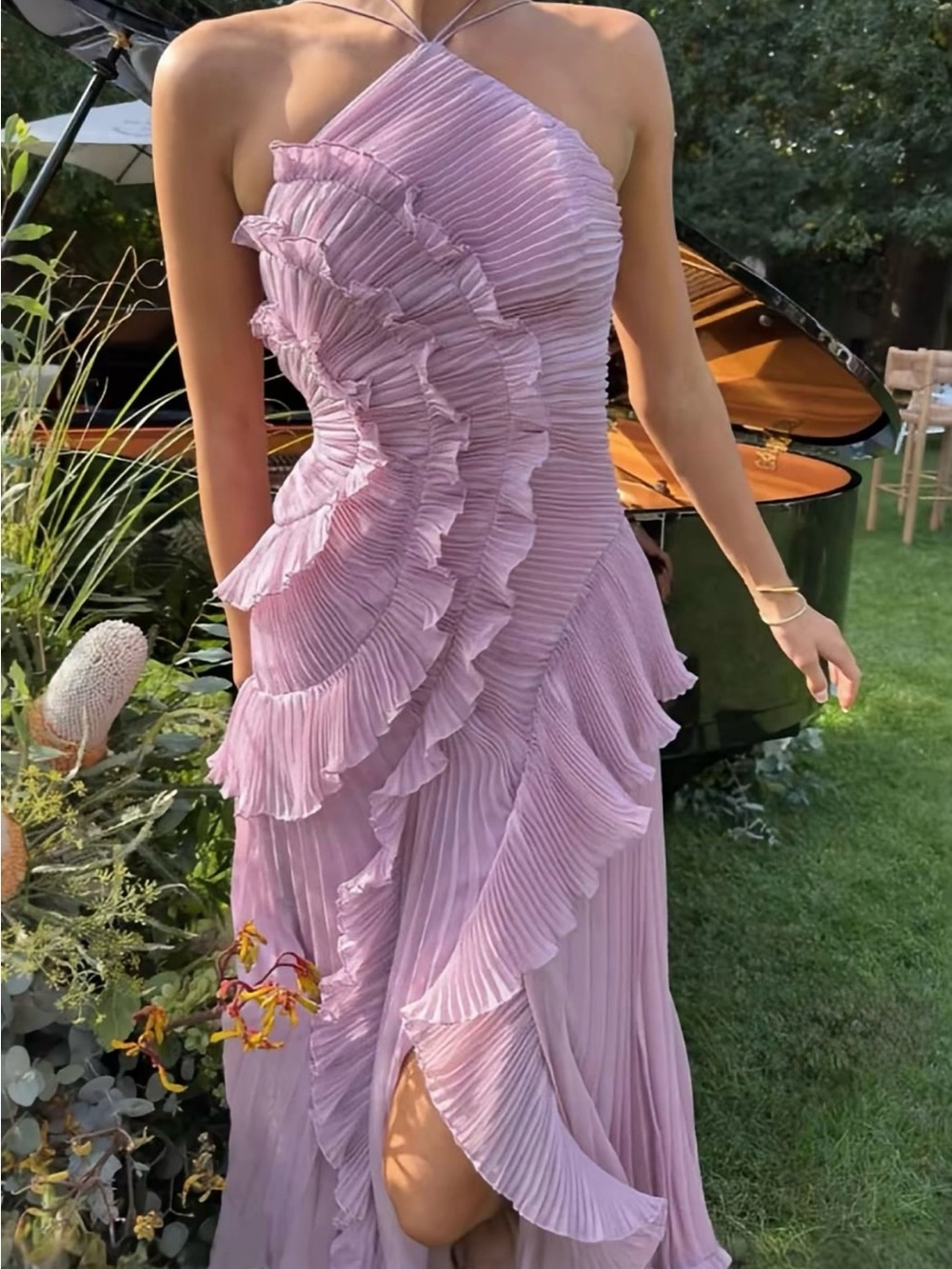 One-Shoulder Lavender Ruffled Evening Dress